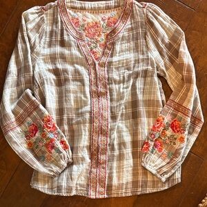Savanna Jane Beige Plaid Blouse with Floral Embroidery